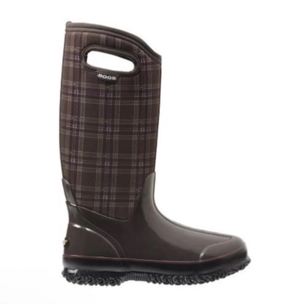Bogs Dark Brown Plaid Boots with Pink Highlights, Like New, Sz 7